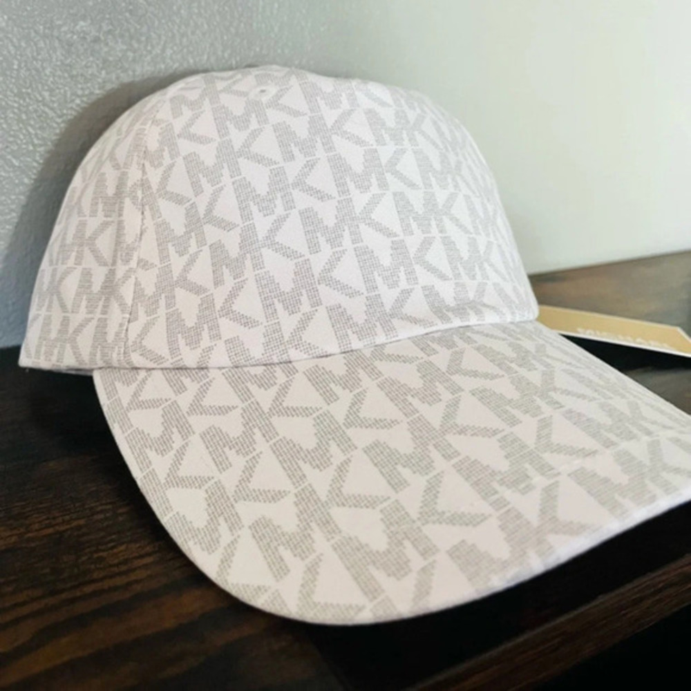 Michael Kors MK Logo Signature Print Baseball Cap Hat White Beige NWT